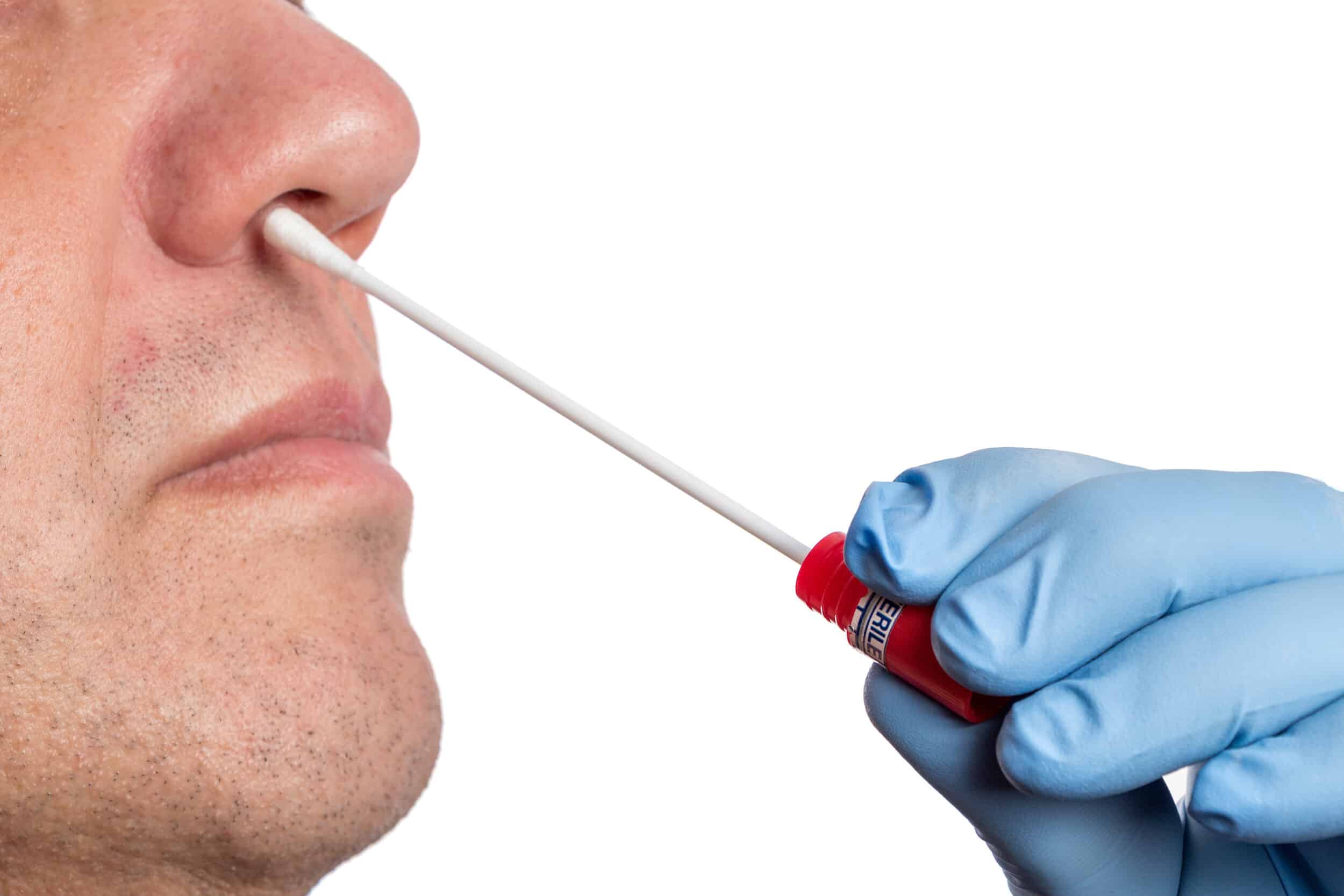 Doctor makes with a cotton swab a nasal swab test